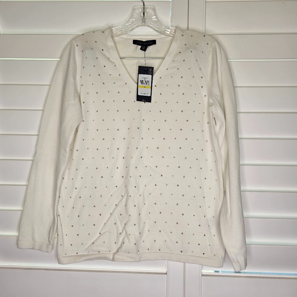 Tommy Hilfiger V-Neck Studded Knit Sweater Medium